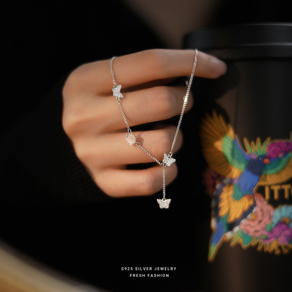 S925 Sterling Silver Chain Bracelet with Rose Butterfly Design