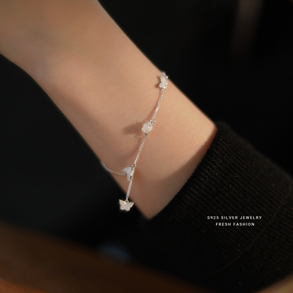 S925 Sterling Silver Chain Bracelet with Rose Butterfly Design