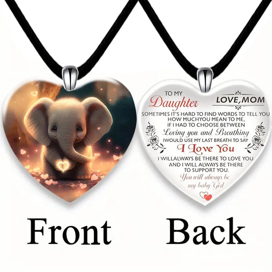 Daughter Elephant Pattern Heart Pendant Necklace Gift
