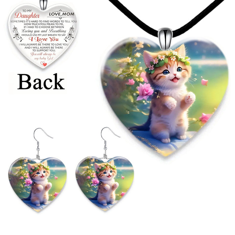 Little Animal Cat Crystal Pendant Necklace Earring Set