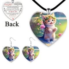Little Animal Cat Crystal Pendant Necklace Earring Set