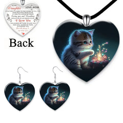 Cat Heart Crystal Pendant Necklace Earring Set for Party Wedding