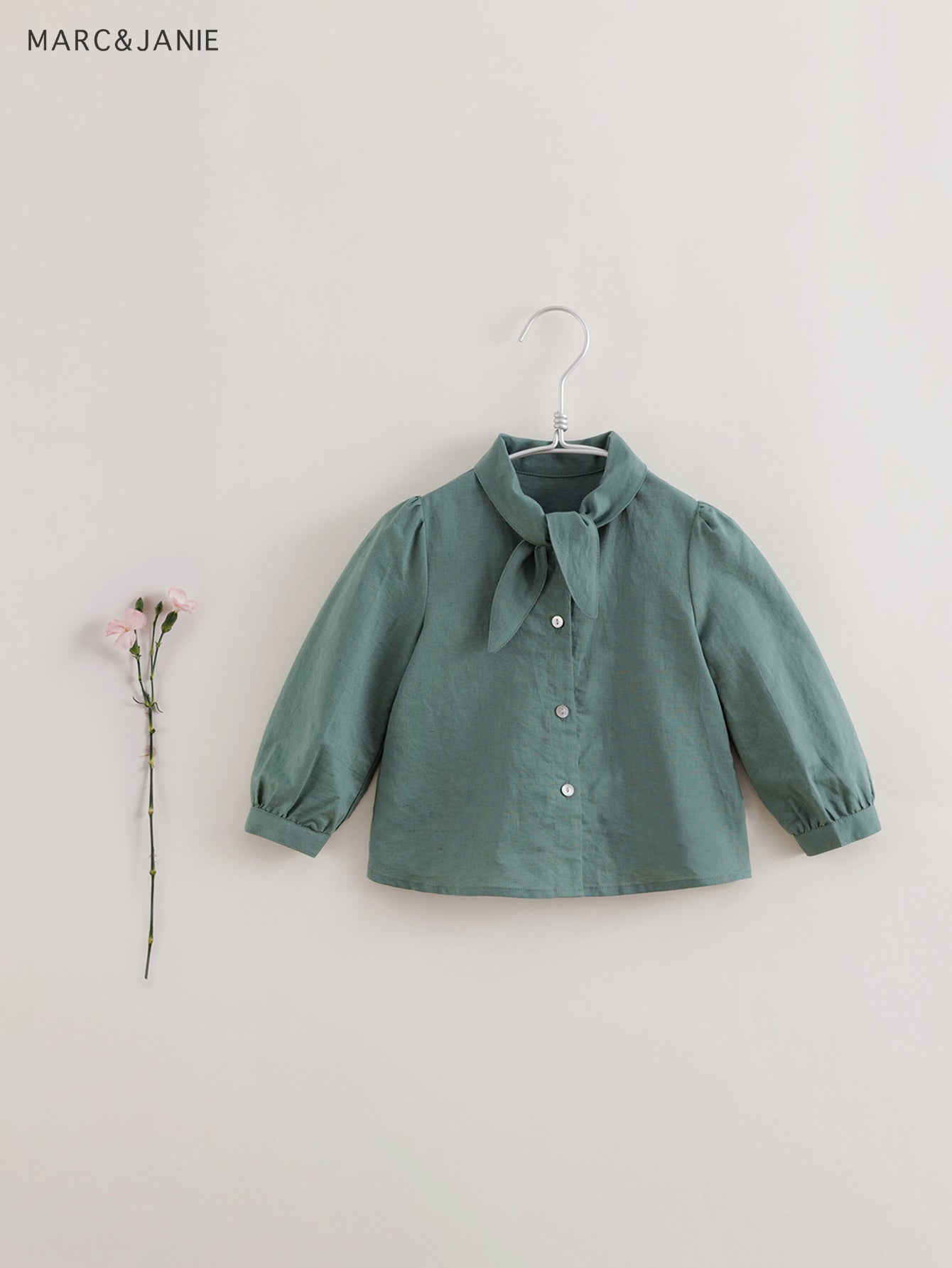 MARC&JANIE Girl's Linen Long Sleeve Shirt With Tie Neck