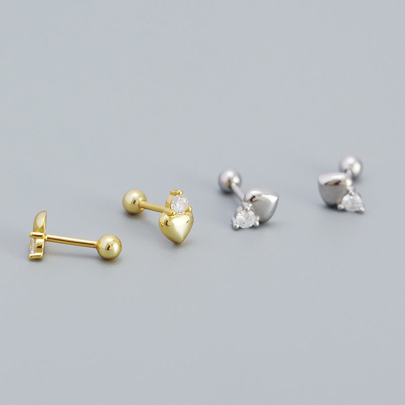 S925 Sterling Silver CZ Heart Mini Stud Earrings For Girls Daily Wear