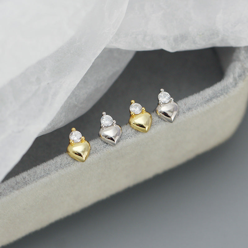S925 Sterling Silver CZ Heart Mini Stud Earrings For Girls Daily Wear