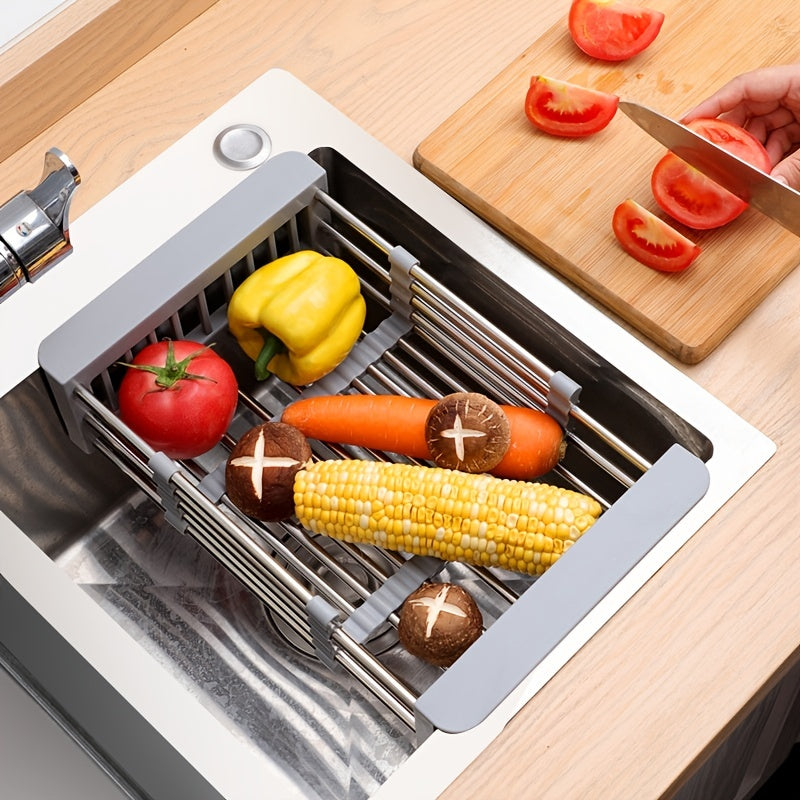 1pc Stainless Steel Kitchen Basket Dish Rack Retractable Sink Shelf