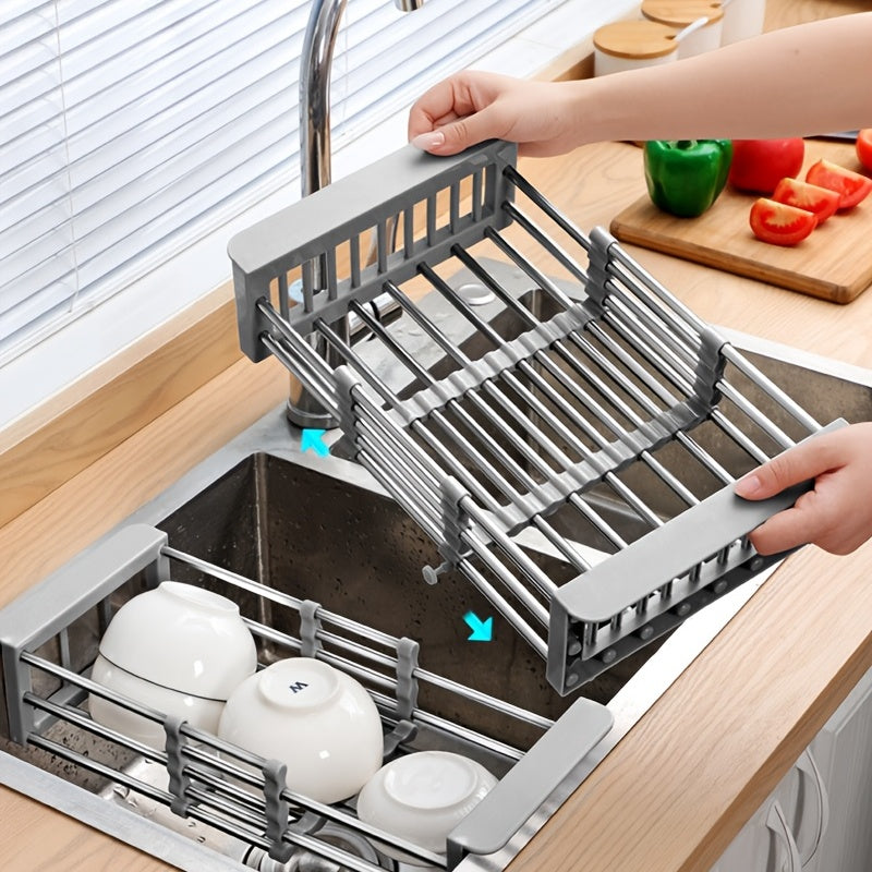 1pc Stainless Steel Kitchen Basket Dish Rack Retractable Sink Shelf