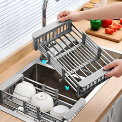 1pc Stainless Steel Kitchen Basket Dish Rack Retractable Sink Shelf