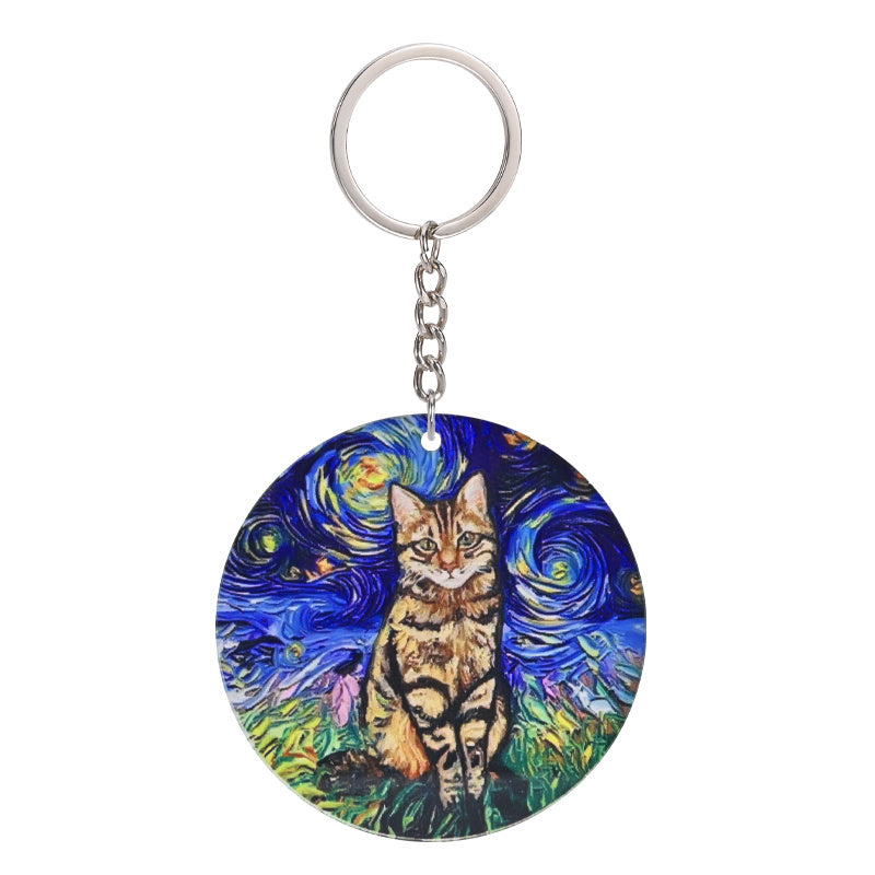 Cat Painting Acrylic Keychain Circular Pendant Decoration