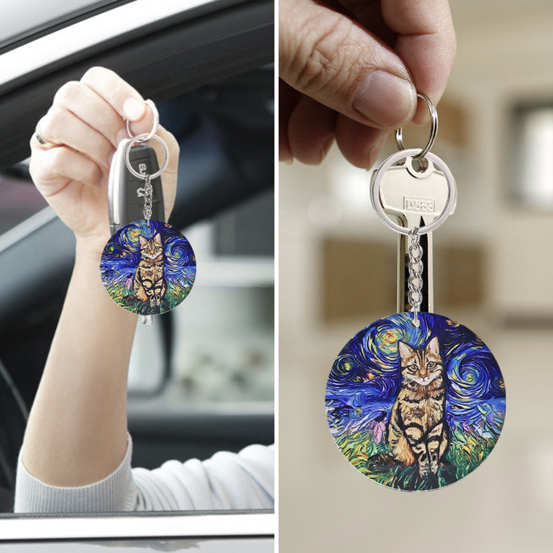Cat Painting Acrylic Keychain Circular Pendant Decoration