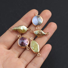 Golden Wrapped Natural Baroque Pearl Connectors for DIY Jewelry