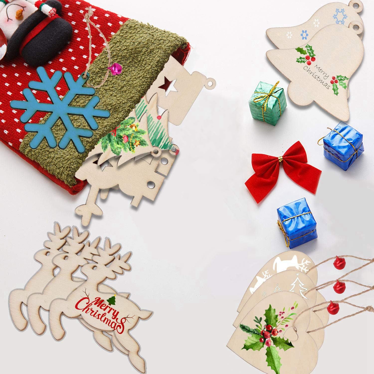 50pcs Christmas Wooden Ornaments Blank Pendants Unfinished Wood Slices DIY Craft