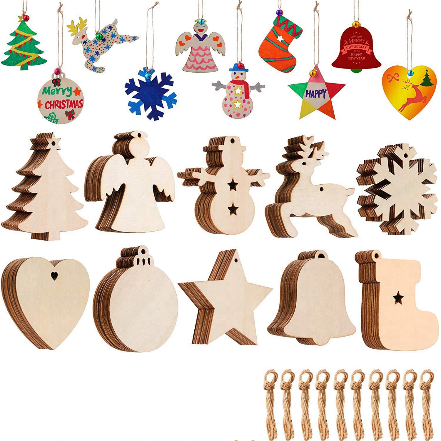 50pcs Christmas Wooden Ornaments Blank Pendants Unfinished Wood Slices DIY Craft