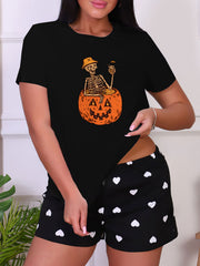 Skull Print Sleep Tops Halloween Funny Short Sleeve Crew Neck Top Women's