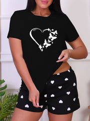 Heart Print Sleep Tops Short Sleeve Crew Neck Women's Sleepwear