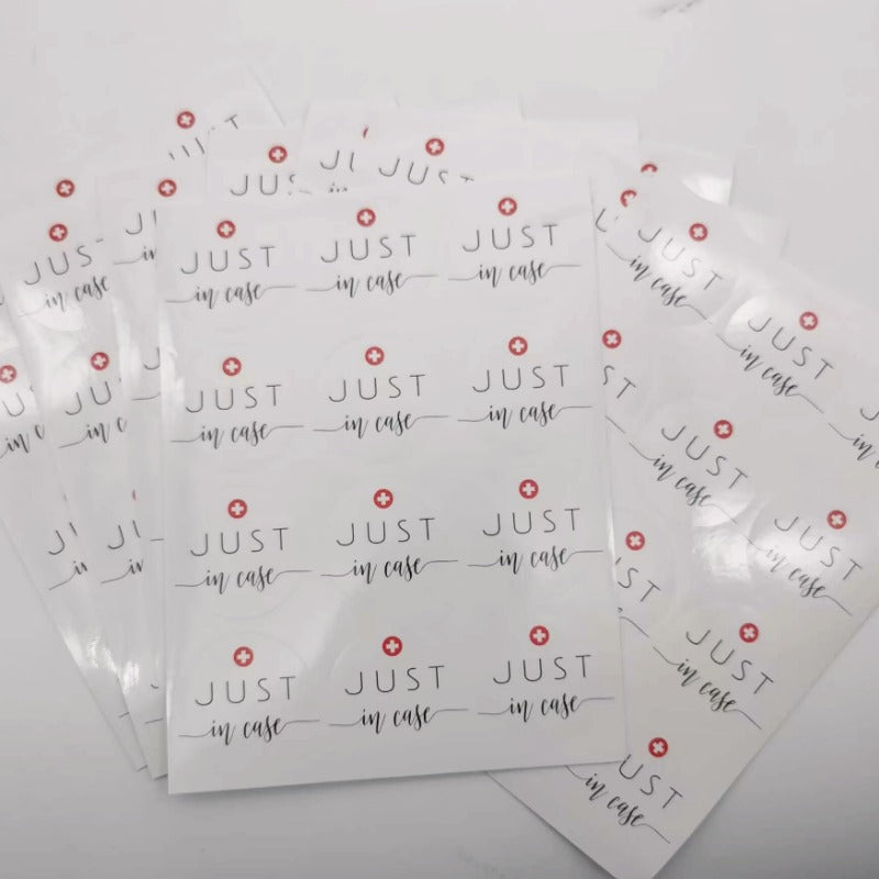120pcs 1.5in Just In Case Stickers Hangover Kits Welcome Bags Party Gift Bags