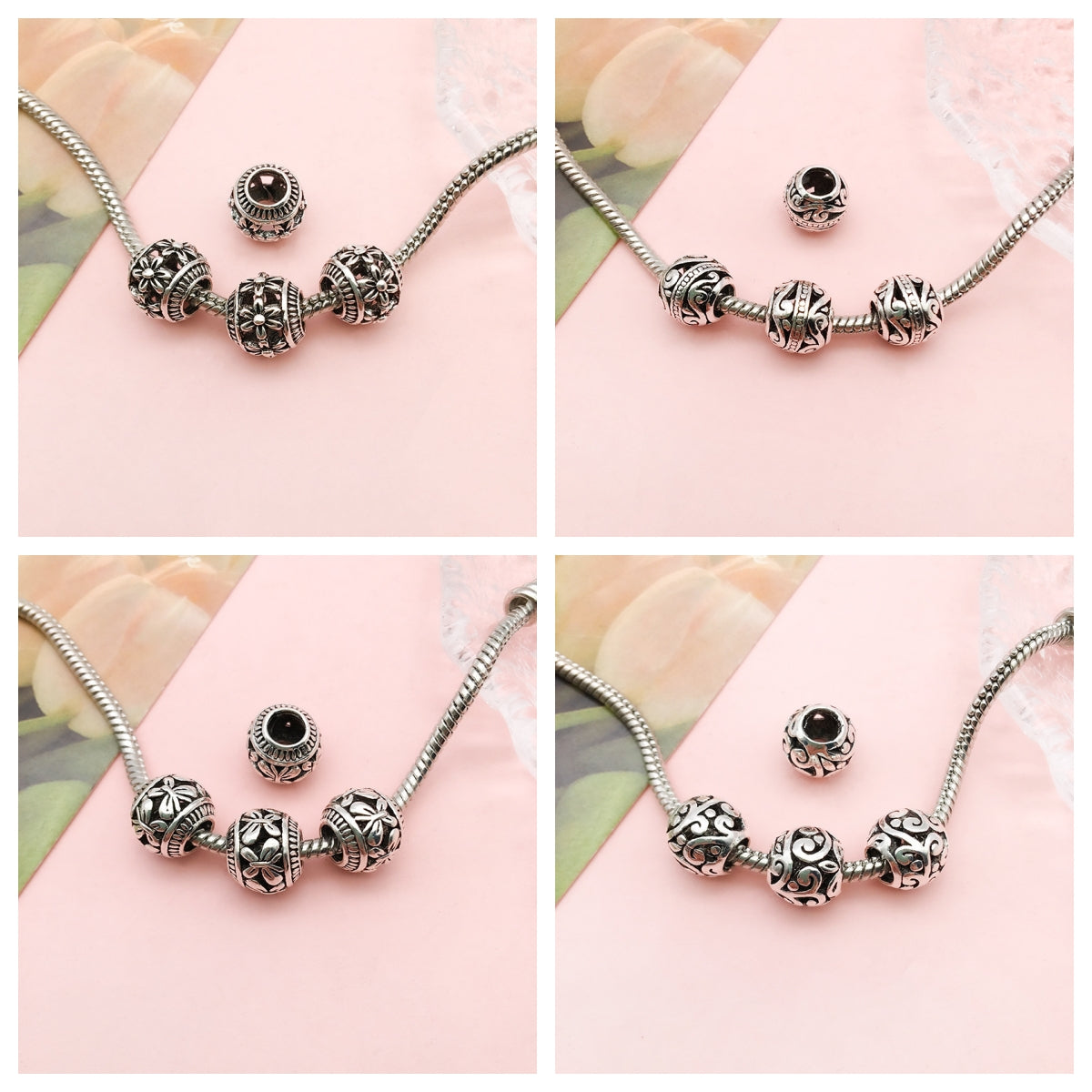 20pcs Vintage Hollow Round Beads Antique Silvery Spacer DIY Crafts