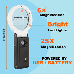 Folding LED Illuminated Magnifying Glass 6X-25X With Stand