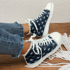 Ripped Denim High Top Lace Up Board Shoes Outdoor Sneakers