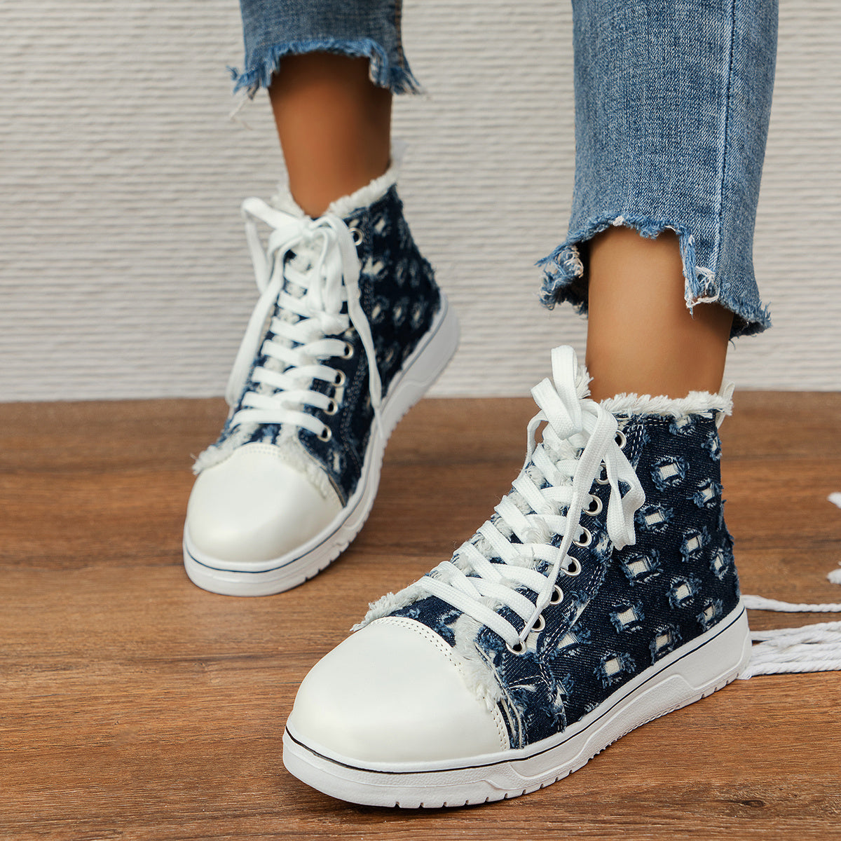 Ripped Denim High Top Lace Up Board Shoes Outdoor Sneakers