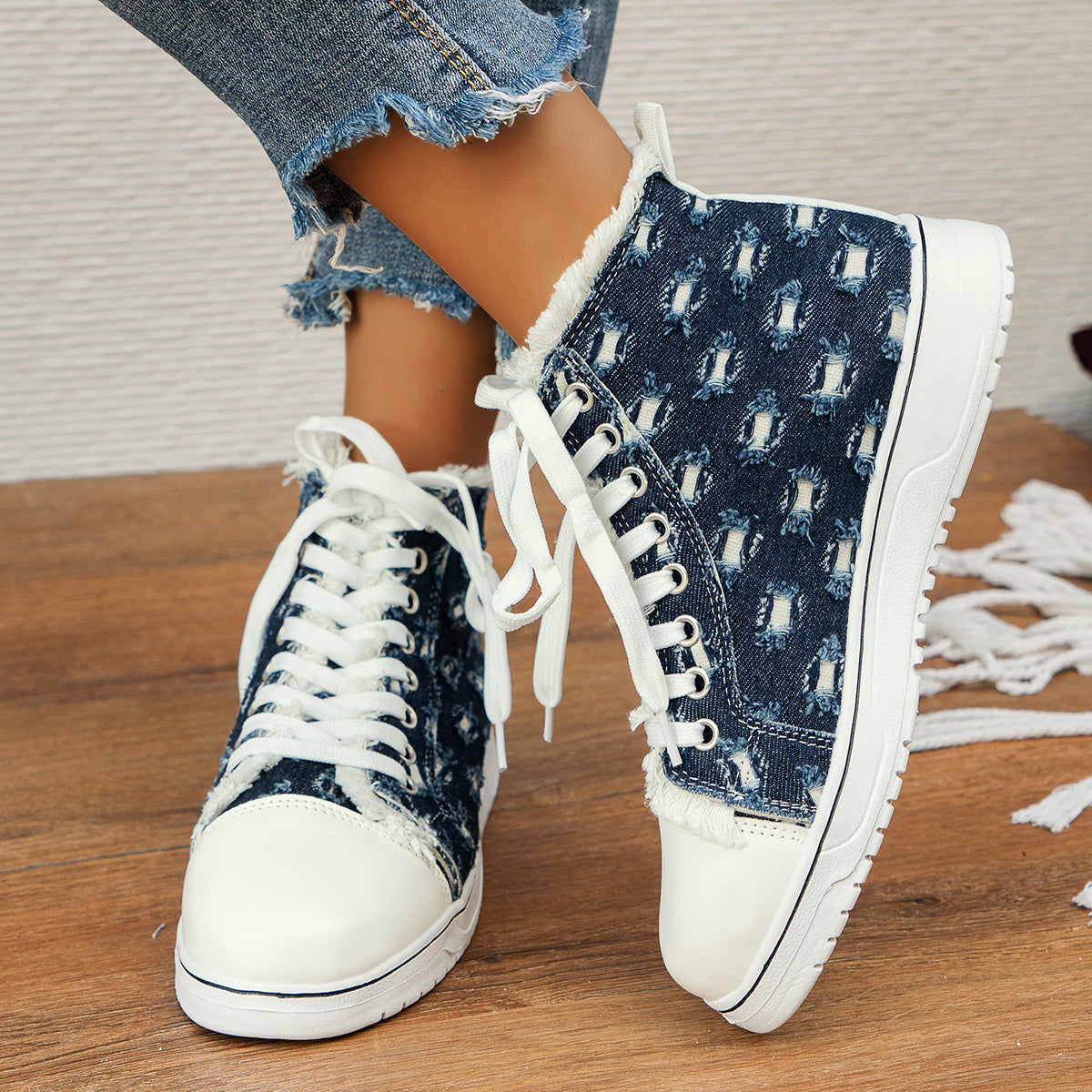 Ripped Denim High Top Lace Up Board Shoes Outdoor Sneakers