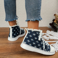 Ripped Denim High Top Lace Up Board Shoes Outdoor Sneakers