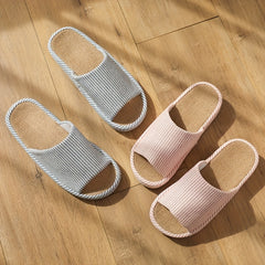 Women's Striped Flat Slippers Linen Open Toe Soft Home Shoes