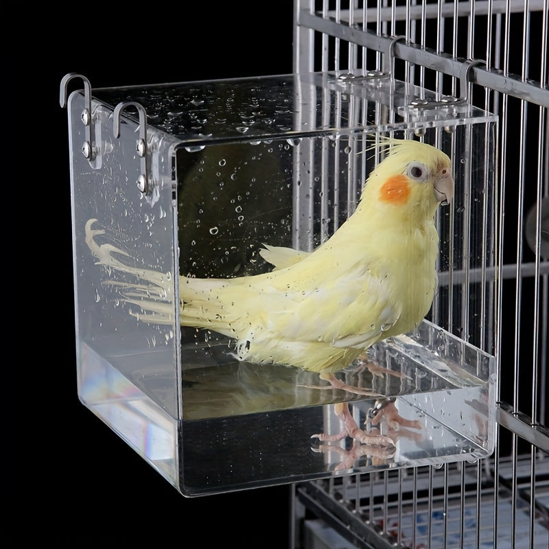 Acrylic Transparent Bird Bath Cage with Hanging Hooks Bird Feeder