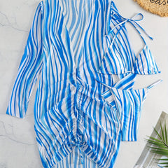 Stripes Print Halter 3 Piece Swimsuit V String Bikini Set