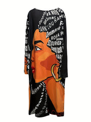 Figure Print Long Sleeve Midi Dress