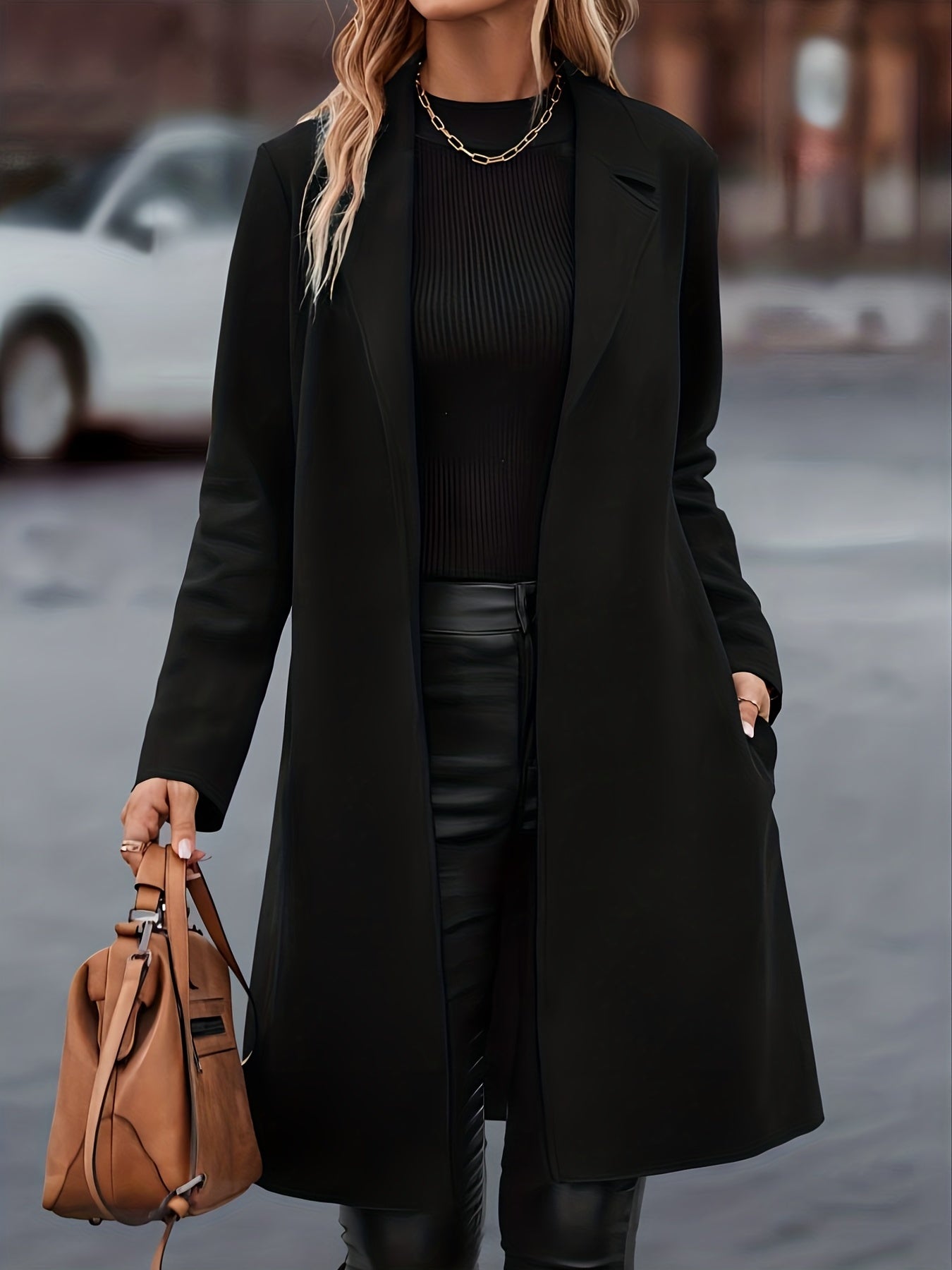 Solid Lapel Coat Open Front Long Sleeve Versatile Outerwear