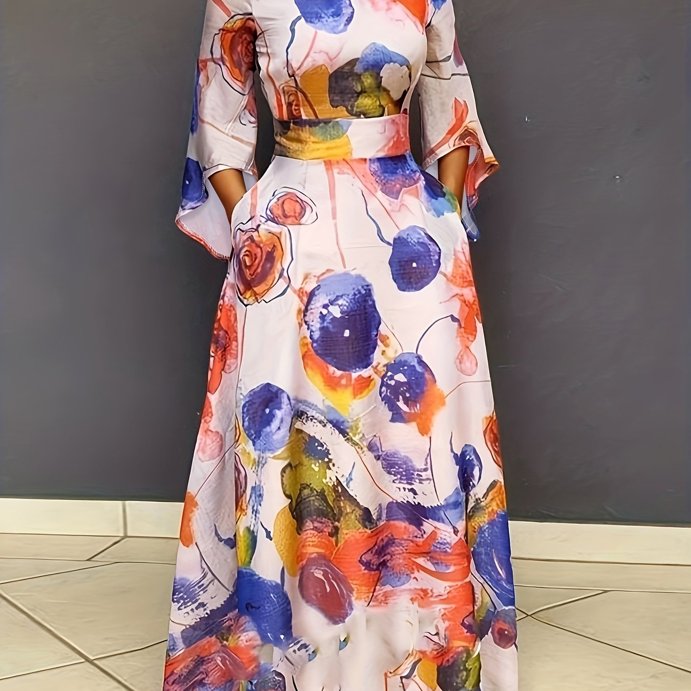 Random Print Nipped Waist Bell Sleeve Maxi Dress
