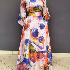 Random Print Nipped Waist Bell Sleeve Maxi Dress