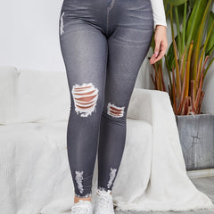3D Denim Ripped Print Leggings Women's Plus High Rise Medium Stretch