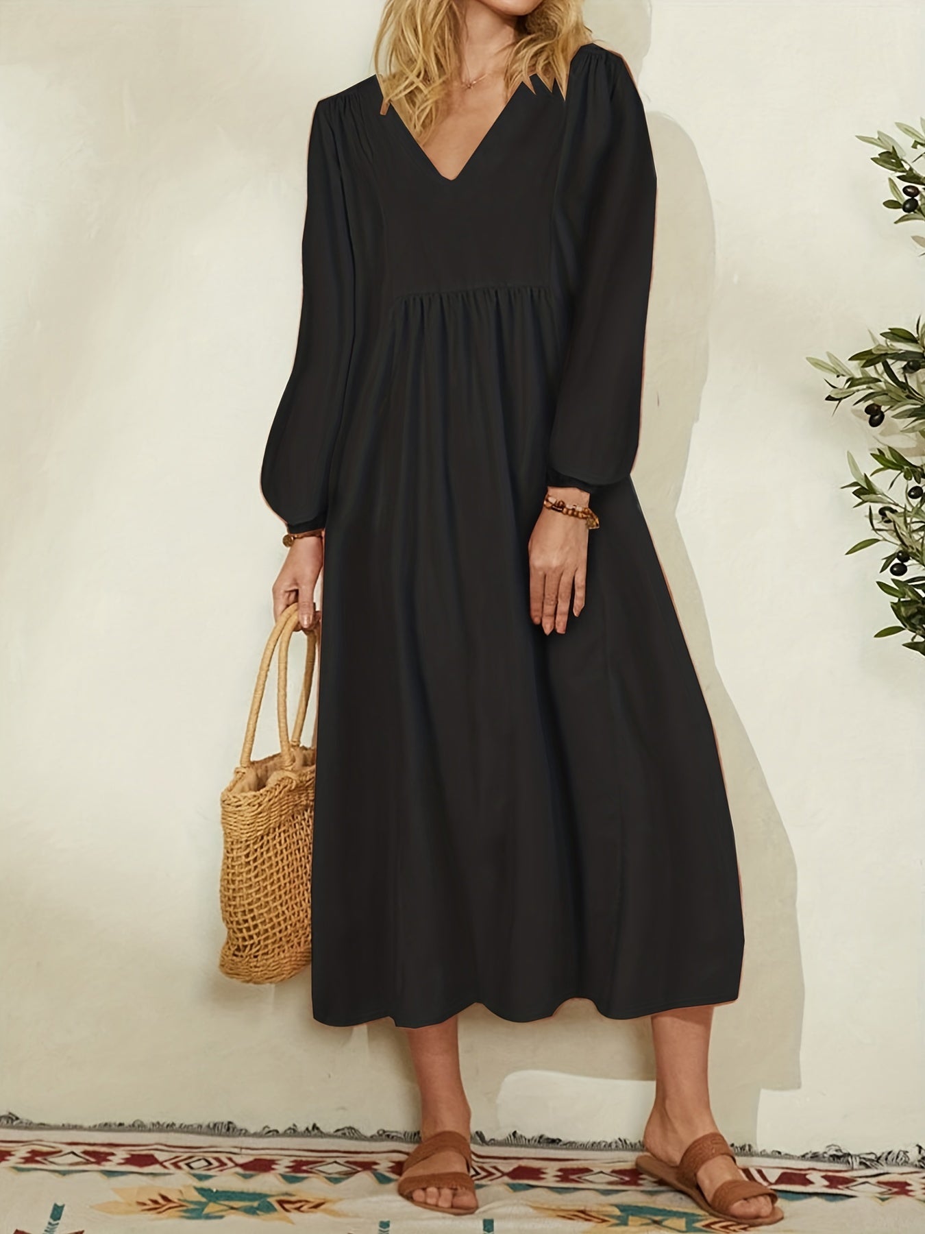 Solid Long Sleeve V-Neck Dress