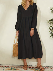 Solid Long Sleeve V-Neck Dress