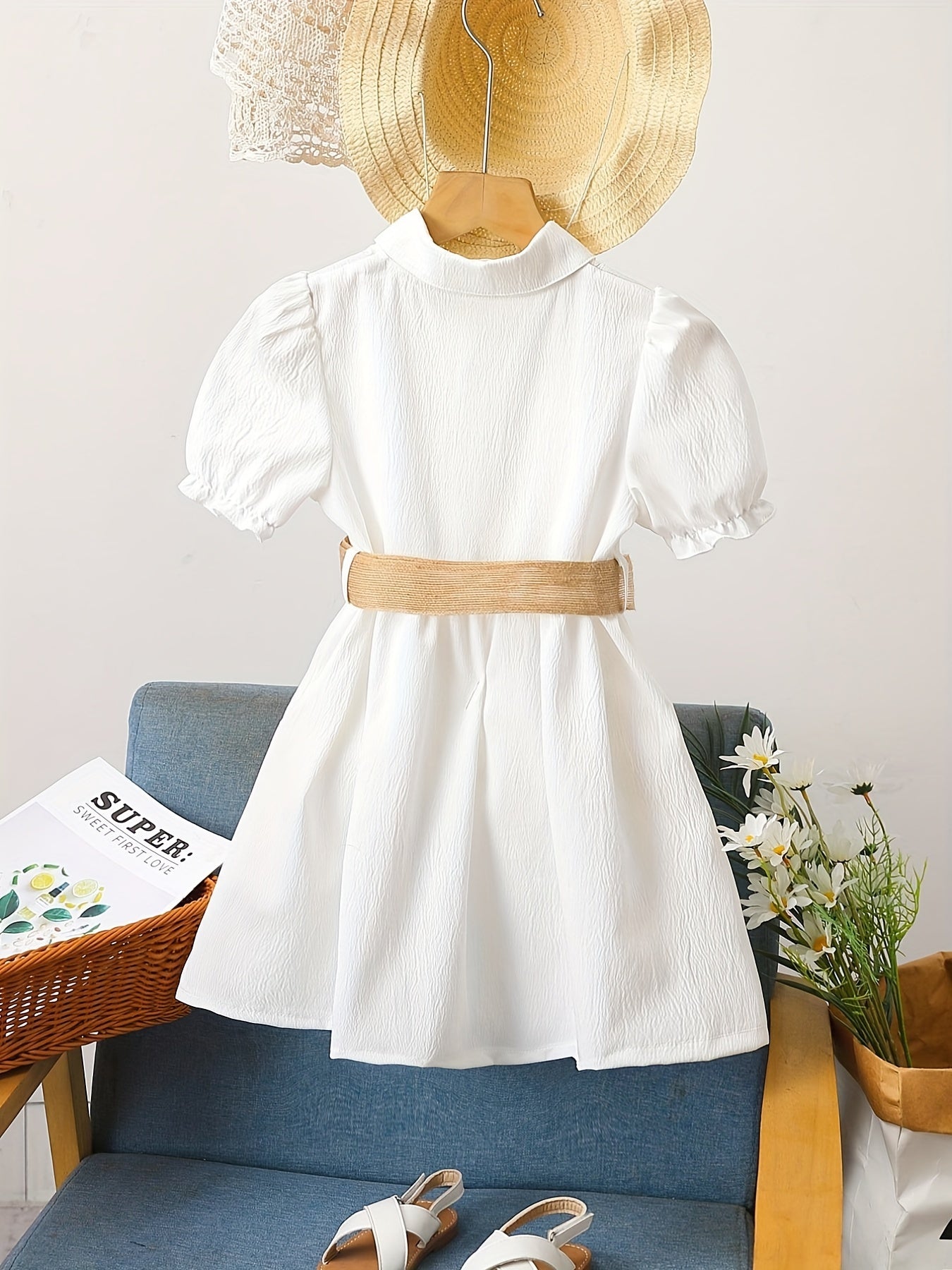 Toddler Girls Puff Sleeve Button Casual Belted Shirt Dress