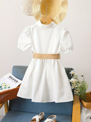 Toddler Girls Puff Sleeve Button Casual Belted Shirt Dress