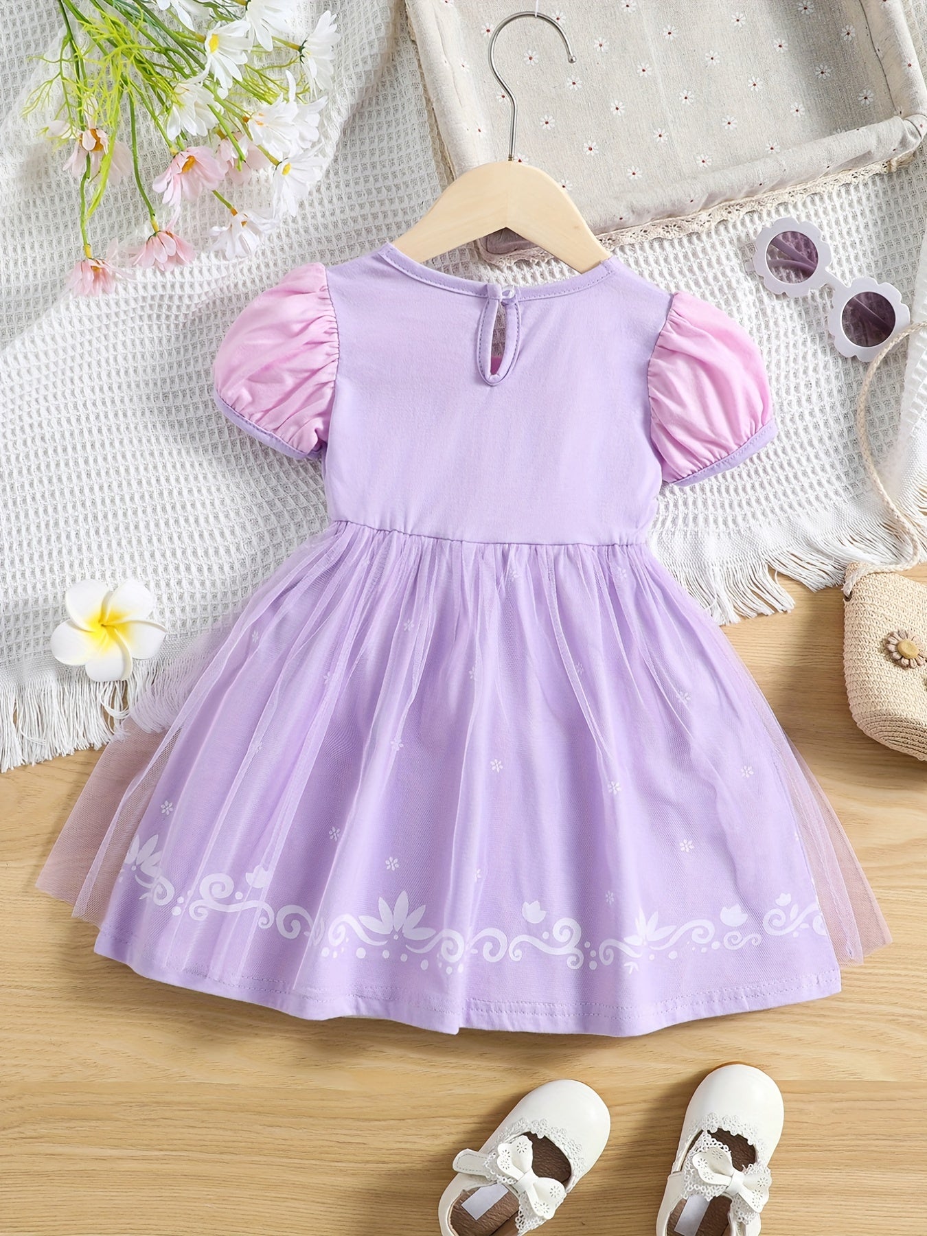 Girls Princess Dress Puff Sleeve Tulle Ribbon Print Halloween Party