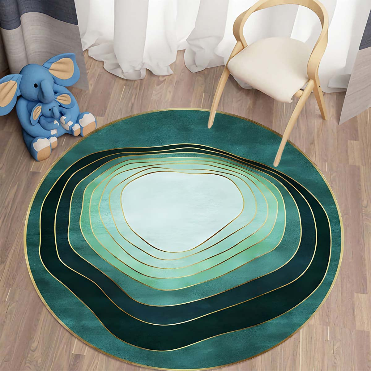 Modern Green Round Area Rug Abstract Circle Striped Carpet Living Room Bedroom
