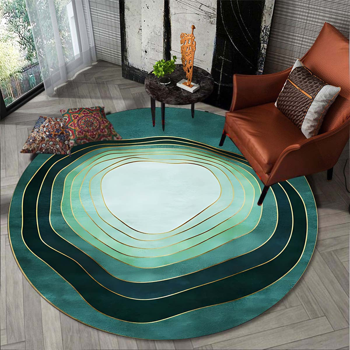 Modern Green Round Area Rug Abstract Circle Striped Carpet Living Room Bedroom