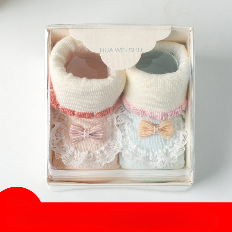 2 Pairs Baby Girls Floor Socks with Cartoon Pattern Lace Bowknot