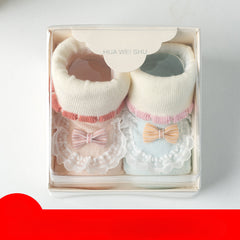 2 Pairs Baby Girls Floor Socks with Cartoon Pattern Lace Bowknot