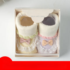 2 Pairs Baby Girls Floor Socks with Cartoon Pattern Lace Bowknot