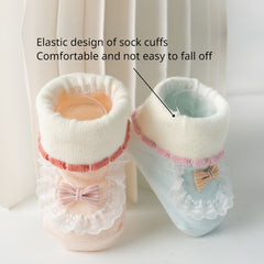 2 Pairs Baby Girls Floor Socks with Cartoon Pattern Lace Bowknot