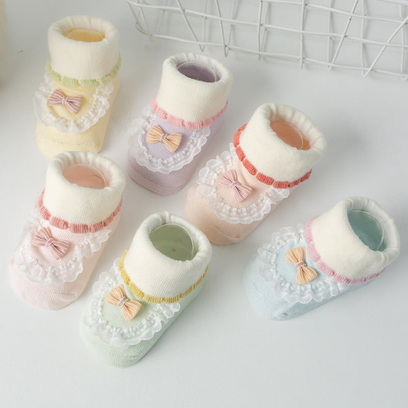 2 Pairs Baby Girls Floor Socks with Cartoon Pattern Lace Bowknot