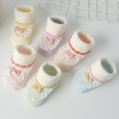 2 Pairs Baby Girls Floor Socks with Cartoon Pattern Lace Bowknot