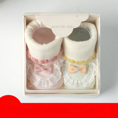2 Pairs Baby Girls Floor Socks with Cartoon Pattern Lace Bowknot