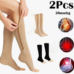 2 Pairs Unisex Knee High Compression Socks with Zipper for Running & Nursing