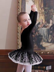Girl's Bow Lace Tulle Tutu Mesh Long Sleeve Ballet Dance Dress